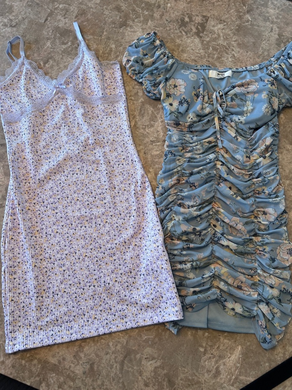 Light Blue Floral Ruched Mini Dress & Lavender Slip Dress